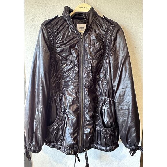 ⭐️ Moschino Jeans Water Resistant Jacket Coat Anorak Black Hidden Hood Sz 42